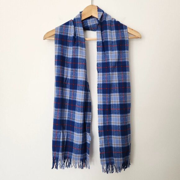 Vtg 90s Tartan‎ Plaid Scarf Blue Red Yellow Fringe 12 x 60 Rectangle Cozy Winter - Picture 2 of 12
